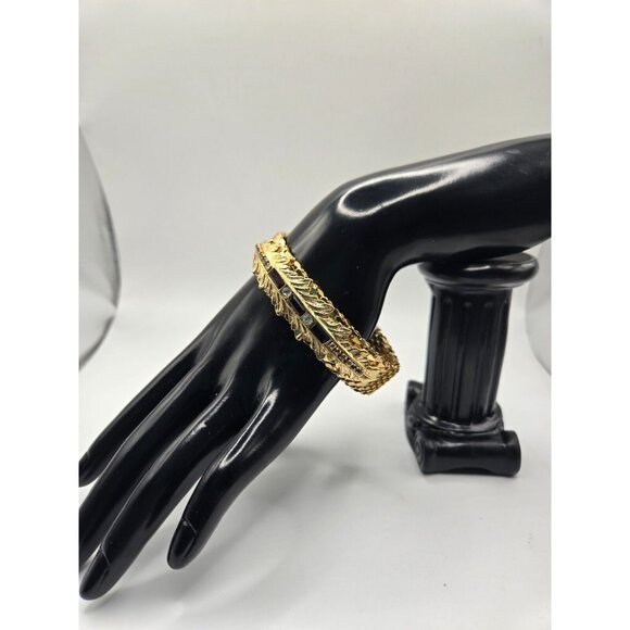 VTG GOLD Plated Cuff Bangle Bracelet Garnet and Rhinestone .75" thick scale - Picture 5 of 8